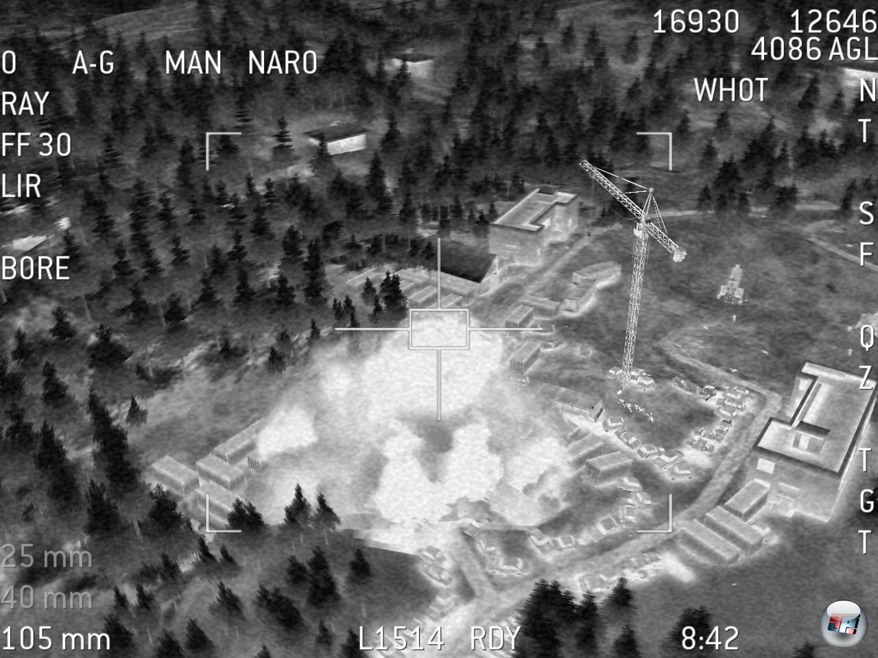 Bizarre Ansicht: Von Bord einer A-130 aus verbreitet ihr am Boden Angst, Schrecken und wilde Verw&uuml;stung.