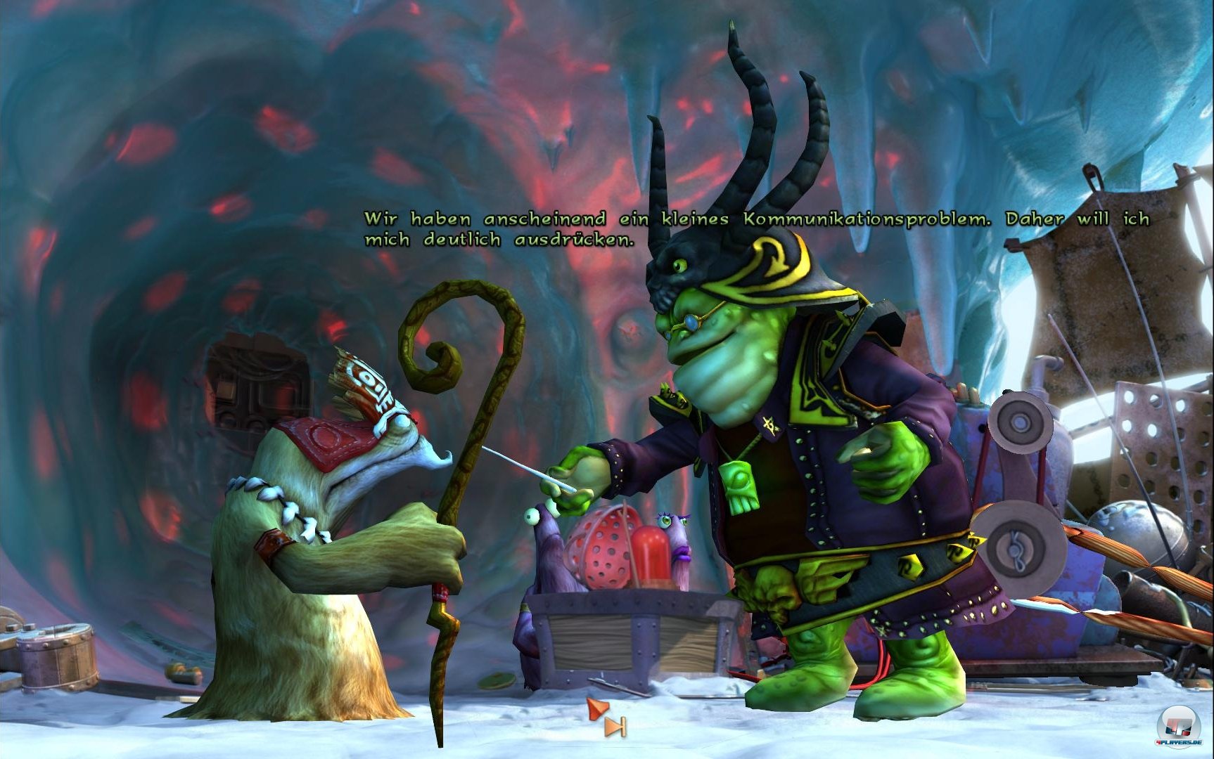 Schlechtes Timing: Der fette Hexenmeister Munkus bedroht den Vieh-&Auml;ltesten, das Vieh und seine Flamme Leyla.