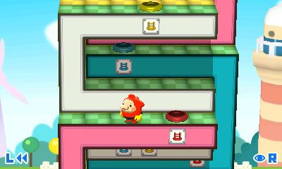 Auf dem 3D-Screen h&uuml;pft, zieht und schiebt man mit dem kleinen Sumo Mallo, bis der Weg nach oben frei ist. Die kleinen Deckel fungieren wie in Portal als Durchgang.