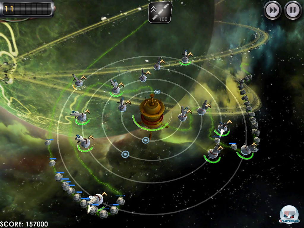 Technisch sind PC- und iPad-Version im Gro&szlig;en und Ganzen identisch. Hier im Bild die Arcade-Spielvariante, in der man so lange wie m&ouml;glich gegen endlose Gegnerwellen bestehen muss.