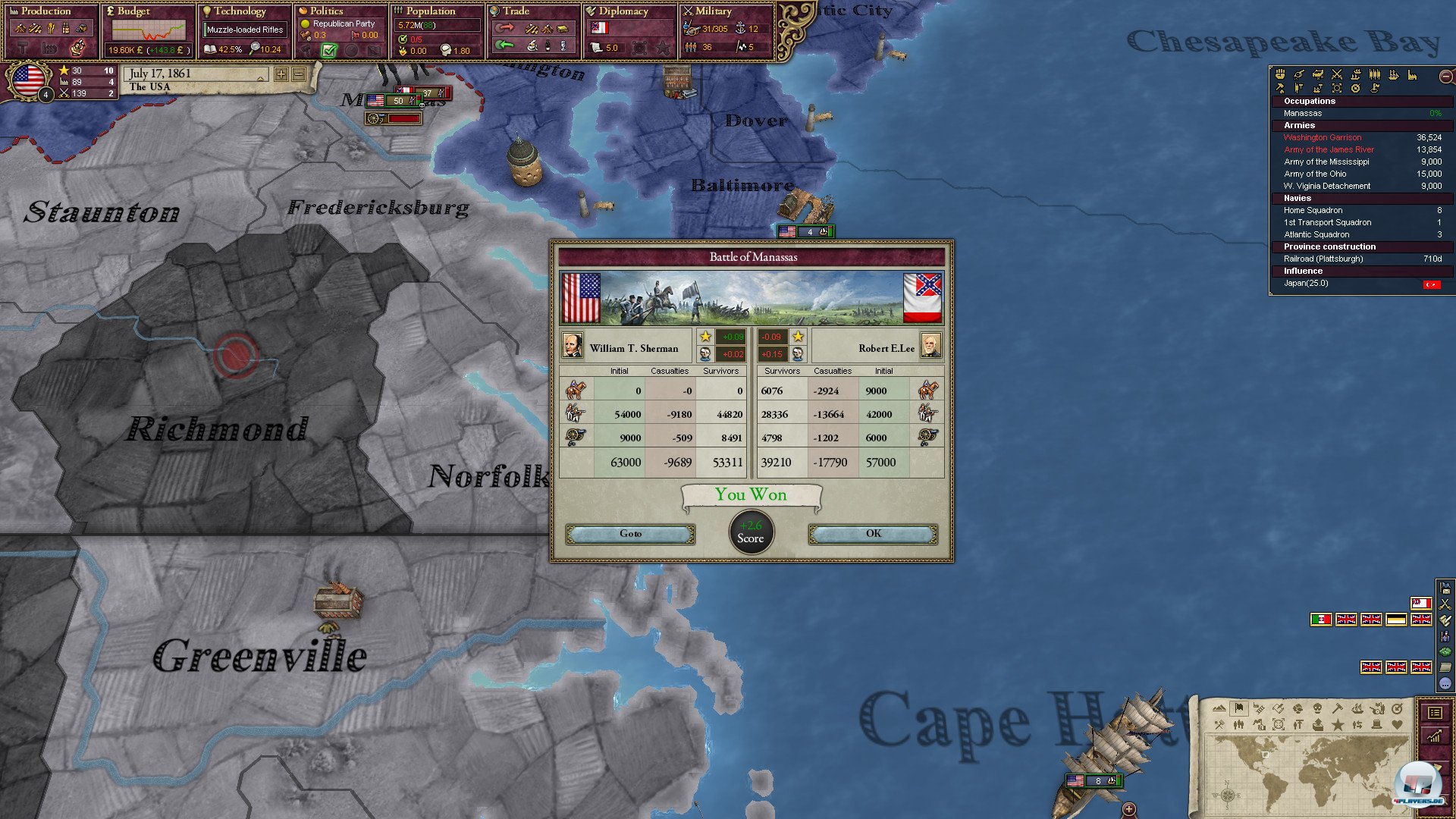 Arg schmuckslos geht's bei den Schlachten zu, wo es statt Pulverdampf nur Zahlenkollonen gibt. 