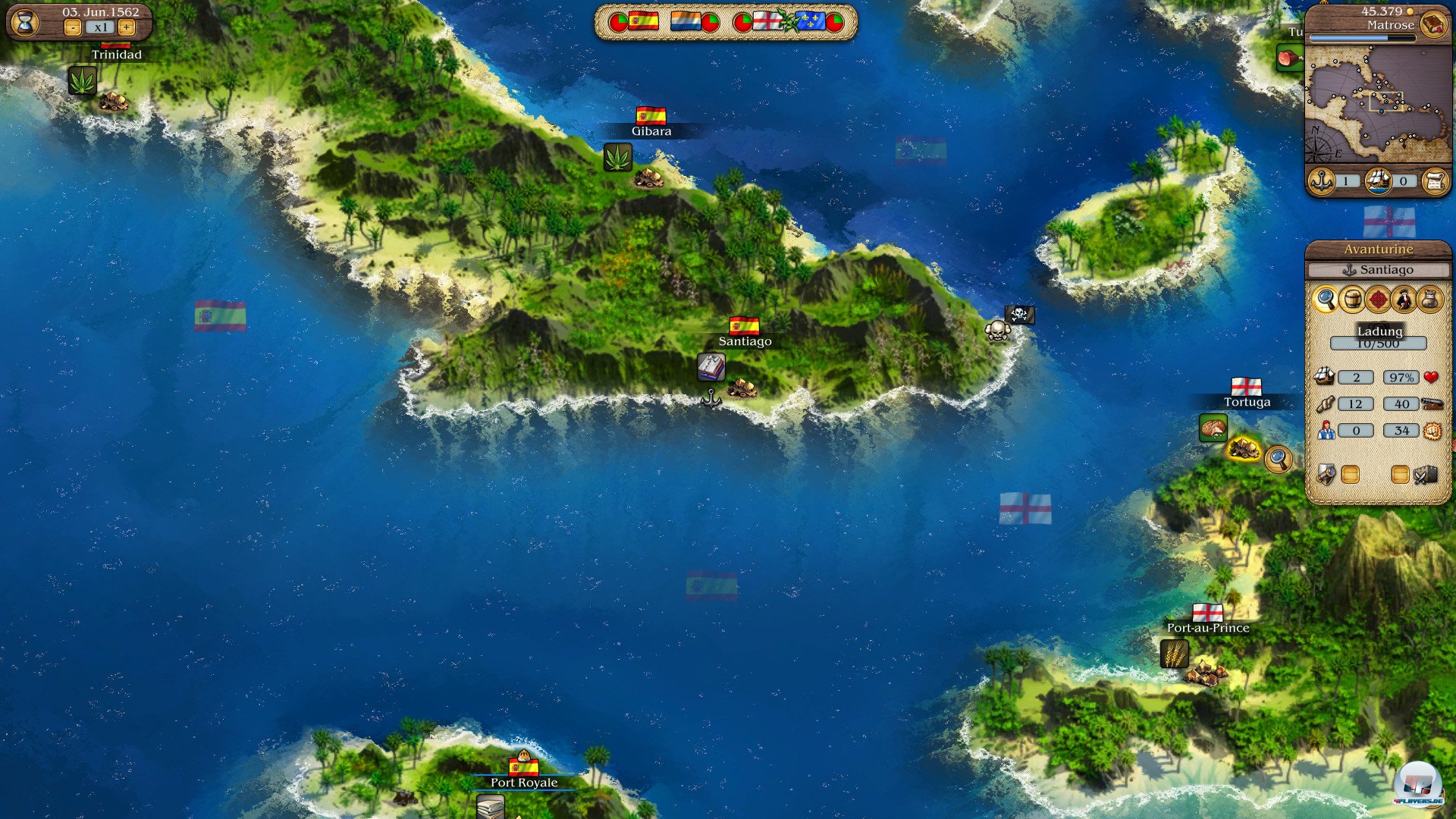 Fernhandel im Kleinen. Ein Dreieck aus Port Royale, Puerto Price und Santiago de Cuba l&auml;dt zum Profit ein. 