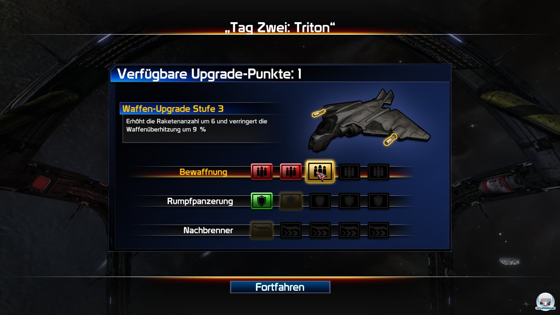 Durch erfolgreichen Missionsabschluss und die Erf&uuml;llung von Bonuszielen erh&auml;lt man Upgrade-Punkte, mit denen man sein Schiff verbessern darf.