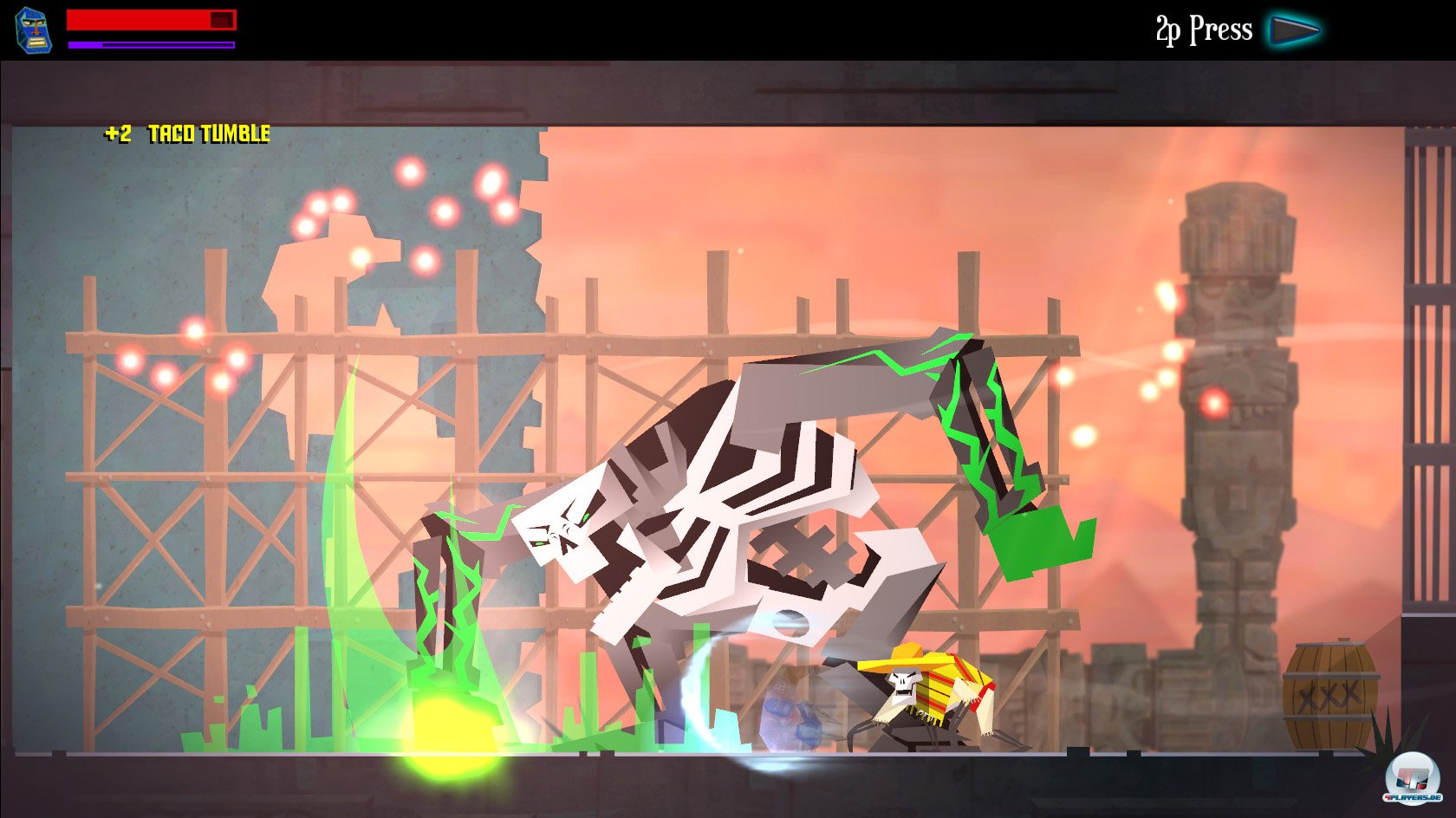 Keine Angst vor gro&szlig;en Tieren: Der Luchador wird dank zahlreicher Spezialangriffe auch mit diesem Gegner fertig. 