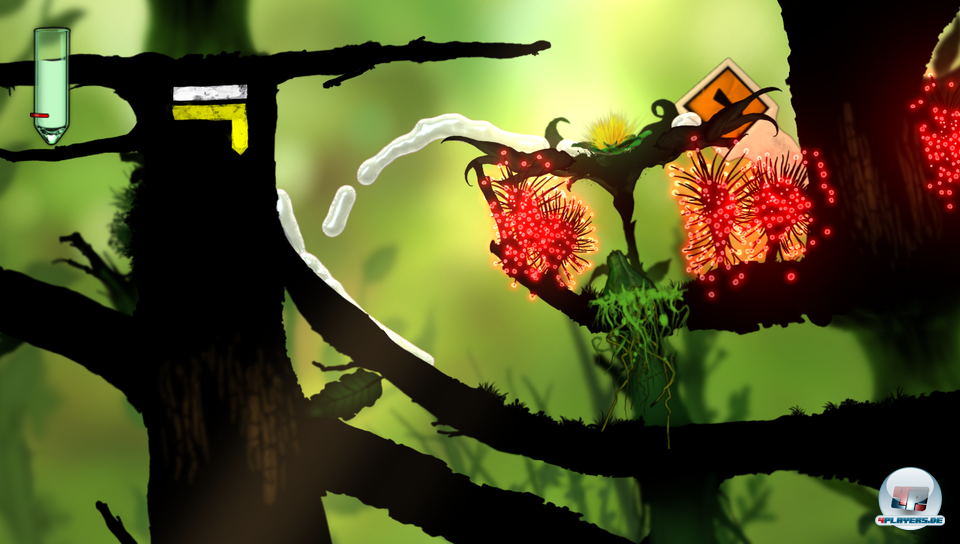 Knifflig: Nur wer zuerst einen Samen in die Erde bugsiert, kann mit Hilfe der neuen Pflanze die roten Stacheln &uuml;berqueren.