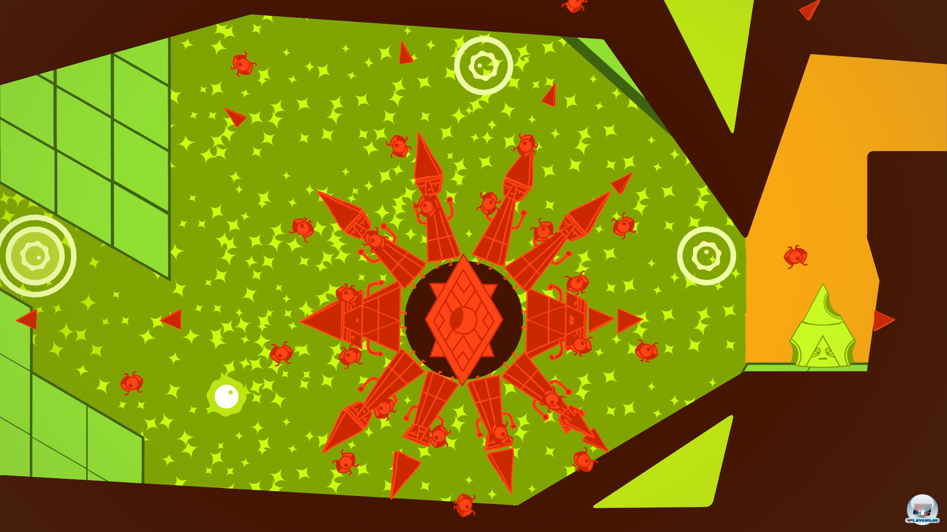 Ein Blick aufs Projektil-Chaos im Beck-Level. Zwischendurch schwebt man immer wieder im Ufo oder anderen Flugger&auml;ten durch die bildschirmgro&szlig;en Level-Abschnitte.