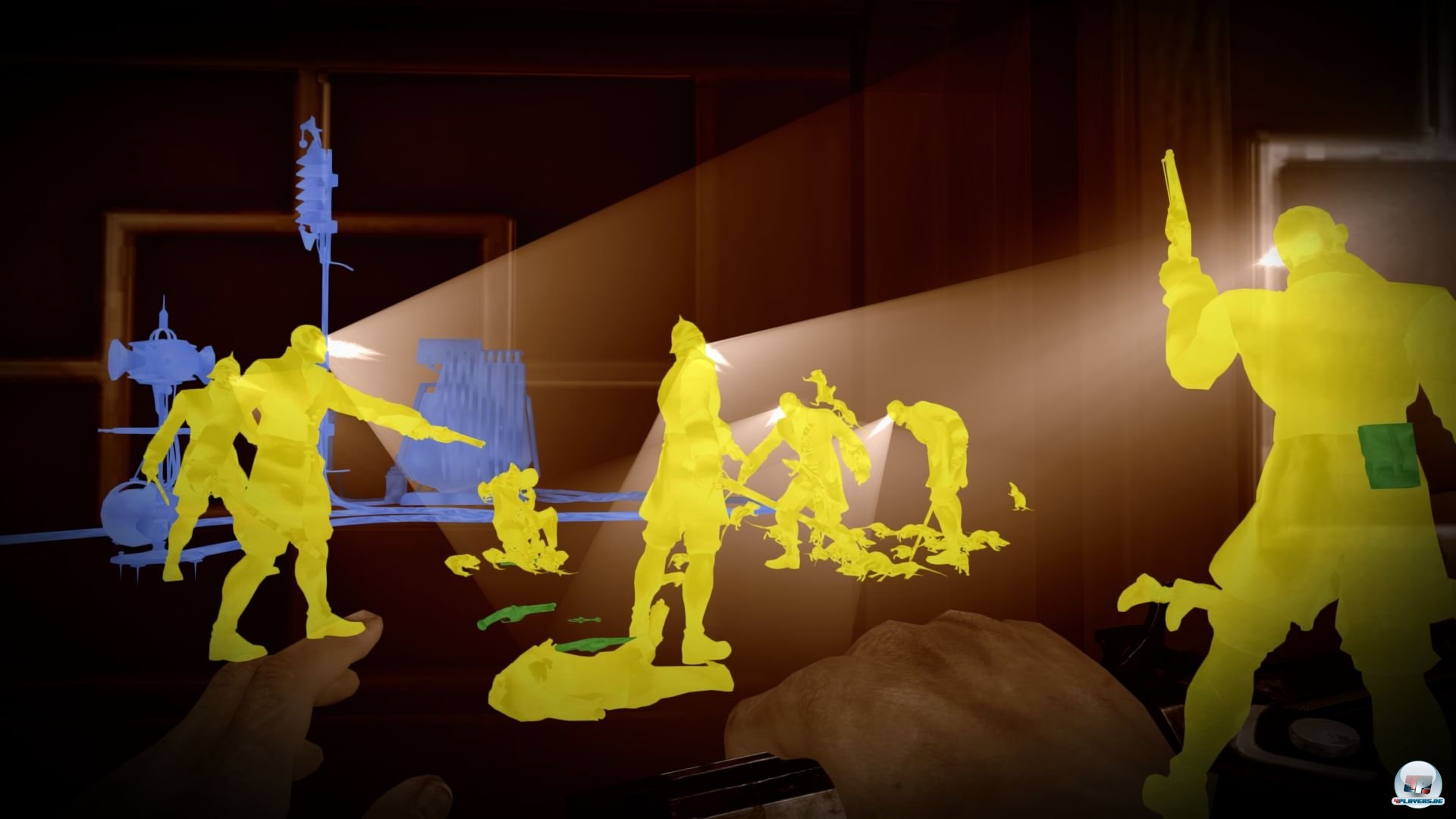 DEus Ex & Co lassen gr&uuml;&szlig;en: Mit der Nachtsicht sp&auml;ht man durch W&auml;nde, macht Wachbereiche und Leitungen deutlich.