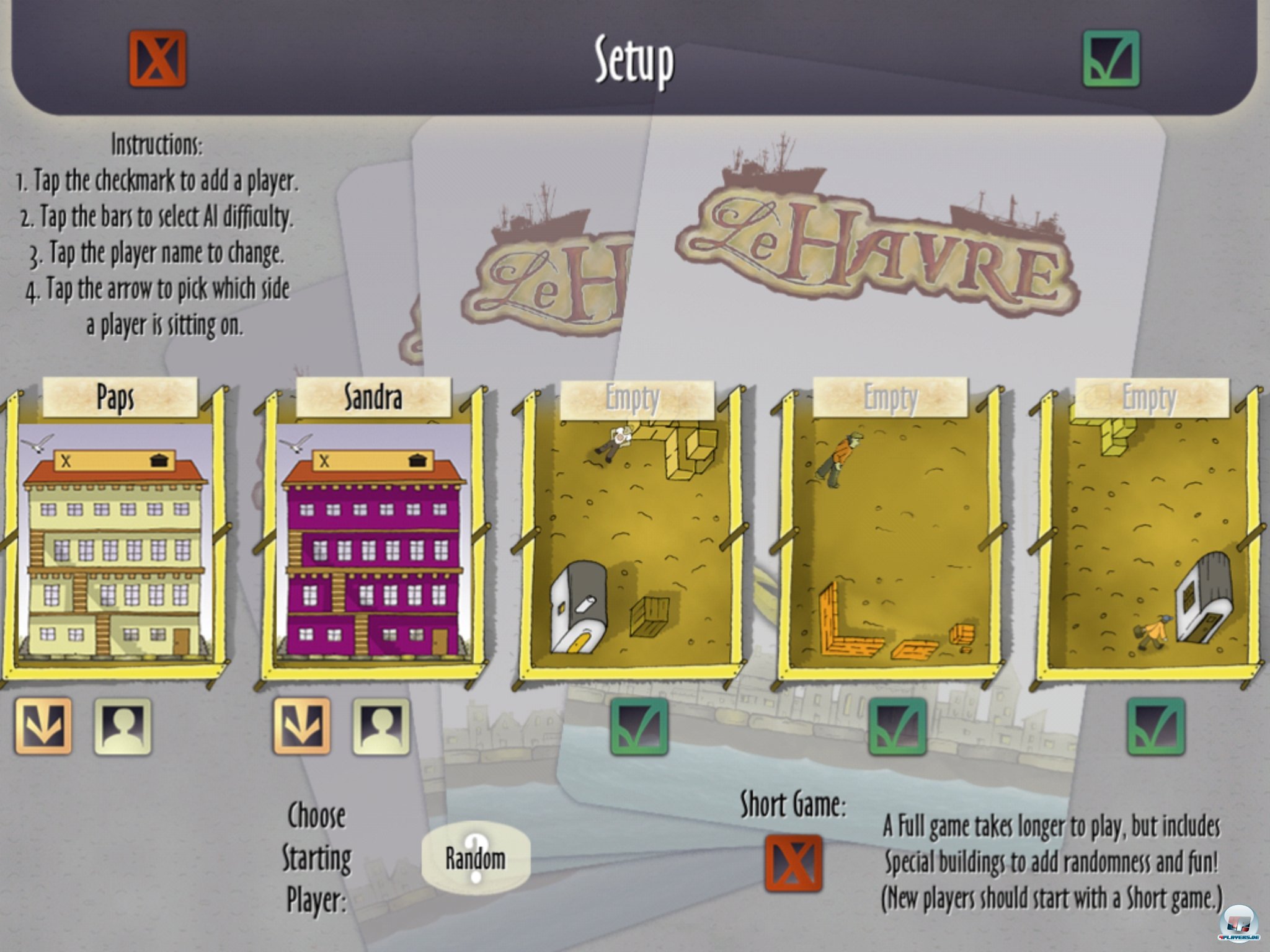 Man kann solo, lokal oder online mit bis zu f&uuml;nf Leuten &uuml;ber GameCenter spielen. Dabei kann man KI in vier Stuifen hinzu schalten.