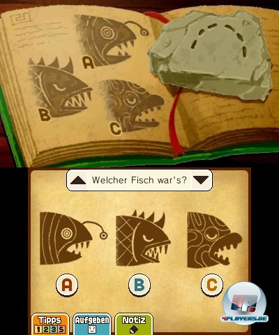 Hier muss der Kiefer eines urzeitlichen Fisches erkannt werden. Manche R&auml;tsel f&uuml;hren aber auch rund um rotierende 3D-Objekte, z.B. ein Maiskolben-Labyrinth f&uuml;r Marienk&auml;fer.