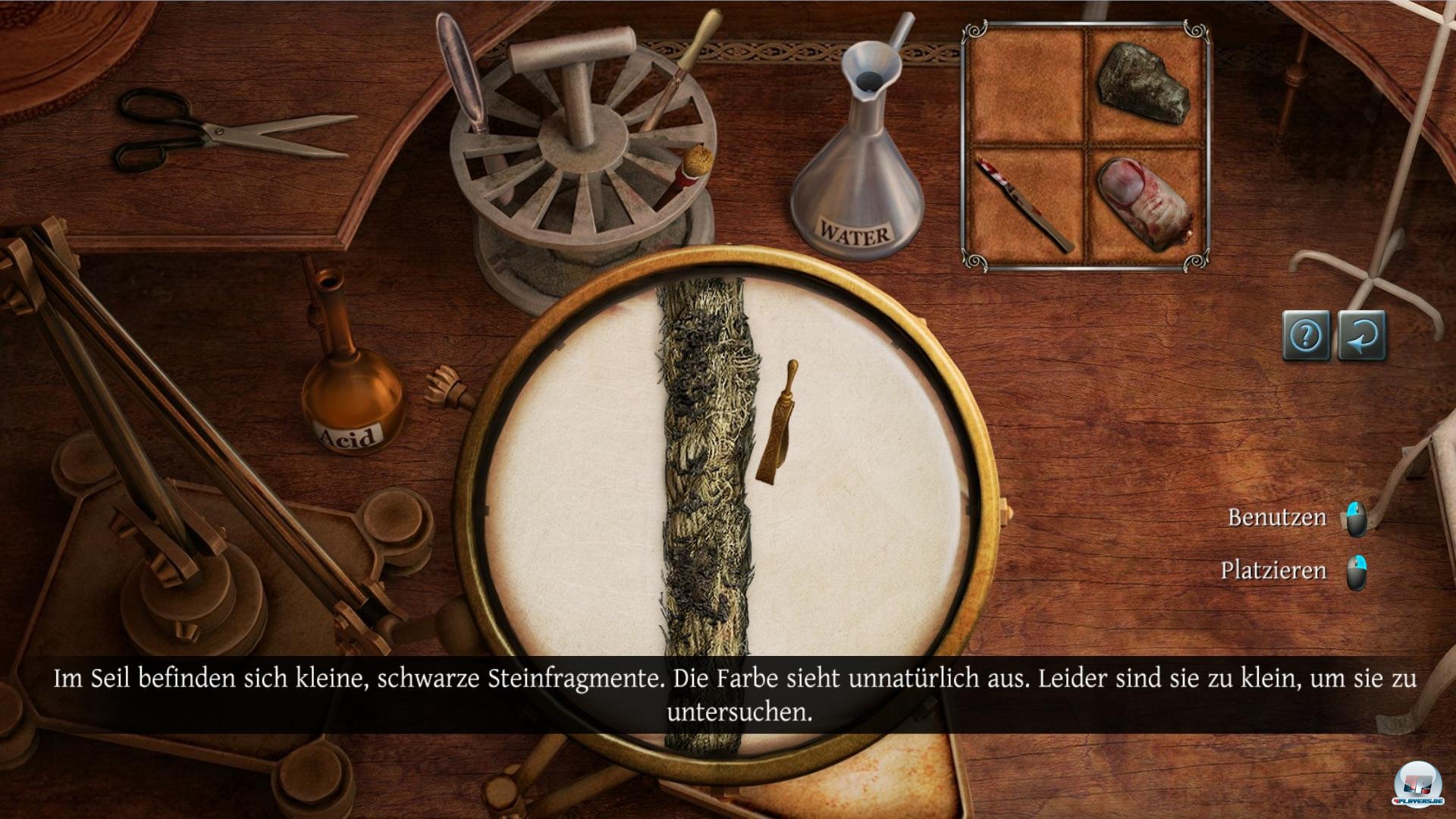 Die Detektivarbeit ist die St&auml;rke des Spiels: Hier wird ein St&uuml;ck Seil untersucht...