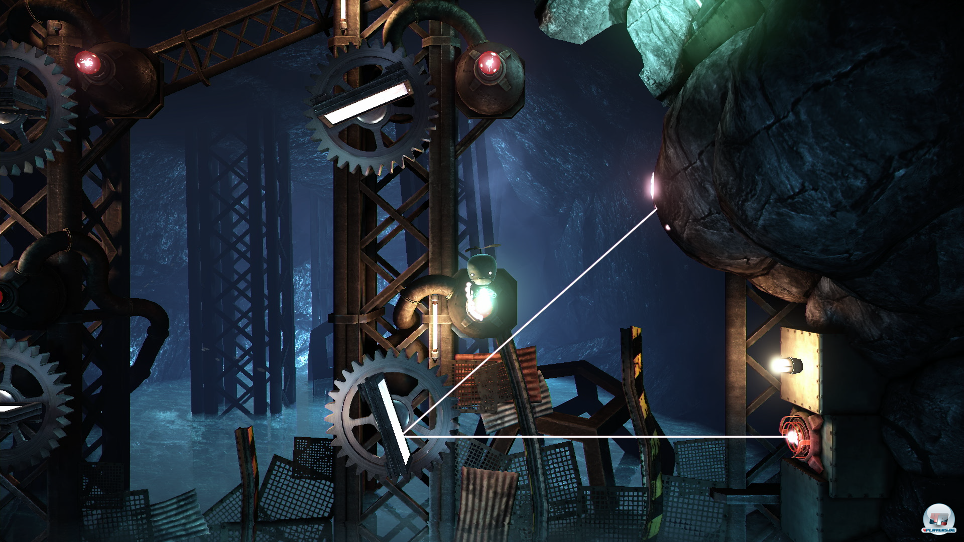 Gewichte verteilen, Spiegel blockieren, T&uuml;ren versperren: Der blecherne Hauptdarsteller kann fast alles, was die Vielfalt der Puzzles hergibt.