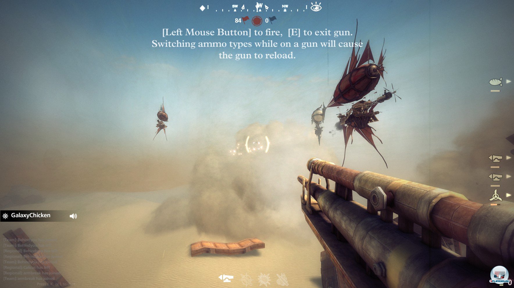 Diverse Kanonen, drei gegnerische Teams, ein Ziel: Die Schweine vom Himmel holen! Daf&uuml;r muss das Team gut zusammenarbeiten.