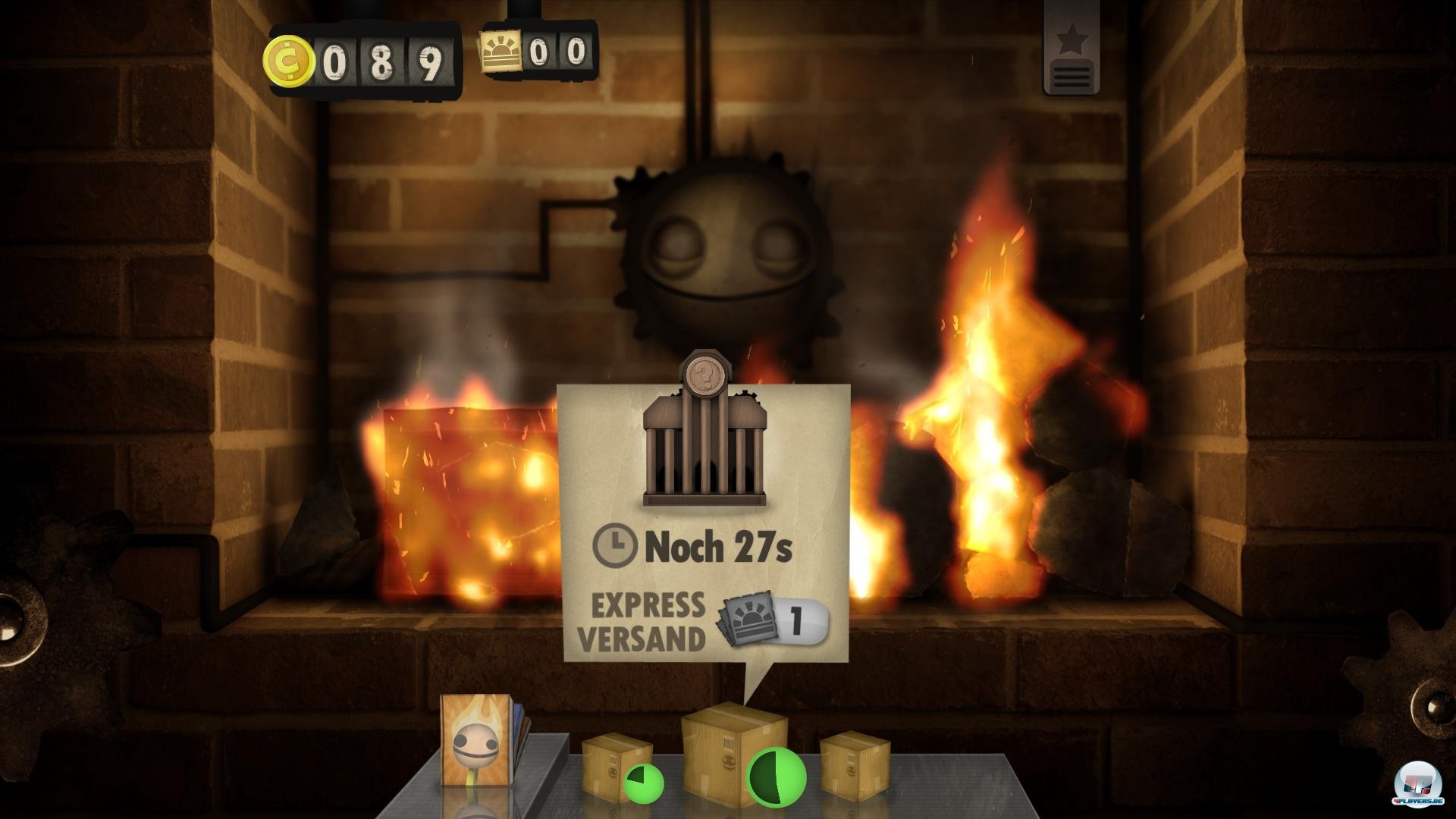 Man sitzt vor einem Kamin und z&uuml;ndelt: Wer mehr als vier Gegenst&auml;nde verheizen will, kann weitere Pl&auml;tze hinzu kaufen; die kosten erst 30, dann 100 und irgendwann 450 Geld. 