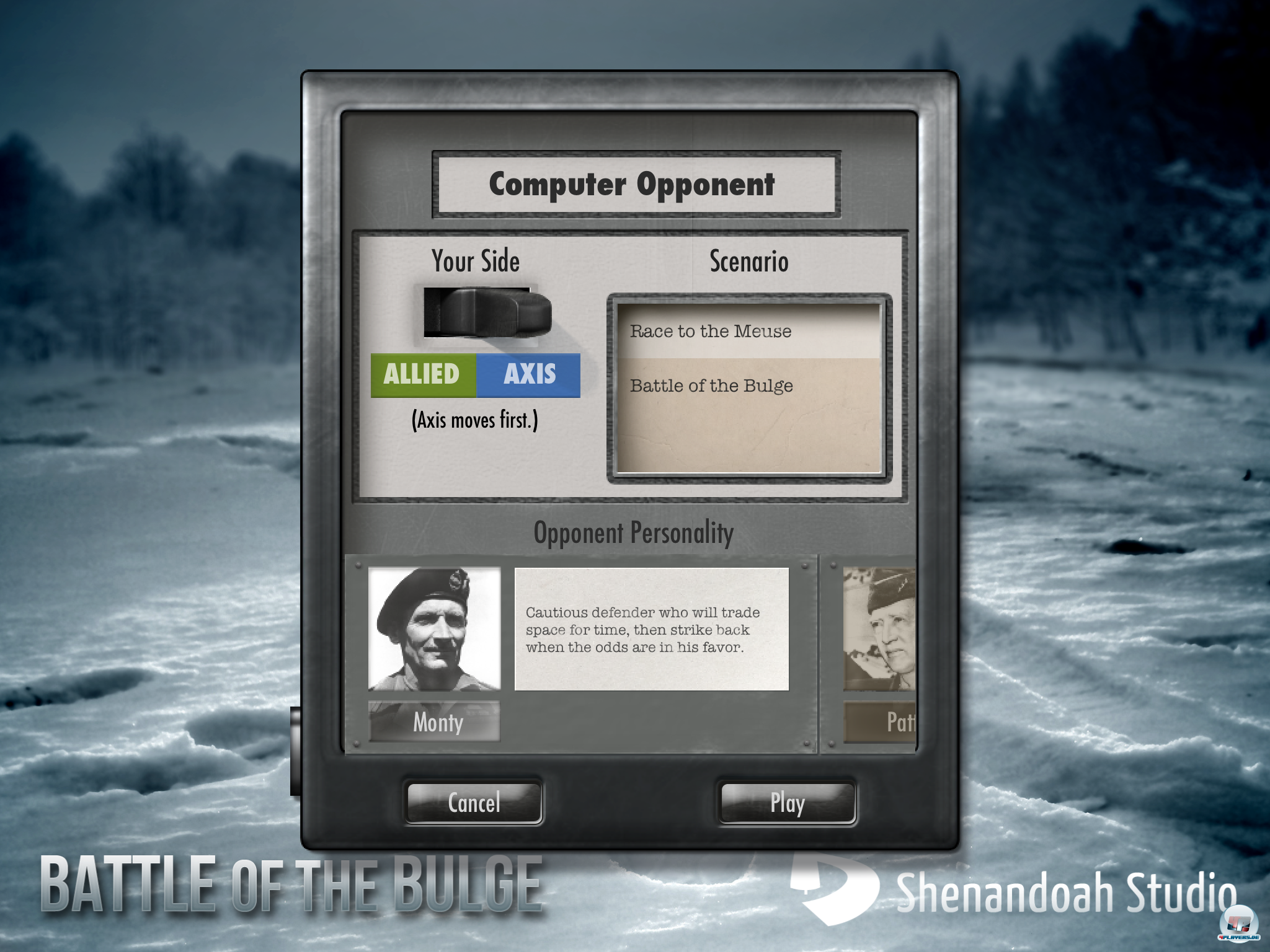 Leider gibt es nur zwei Spielmodi, wobei man zwischen zwei KI-Gegnern wie etwa Montgomery oder Patton w&auml;hlen kann.