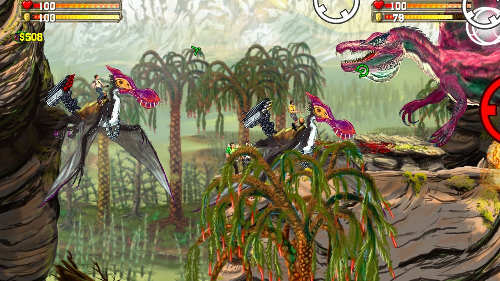 Auf dem R&uuml;cken Raketen abfeuernder Flugsaurier darf auch zu zweit Platz genommen werden.