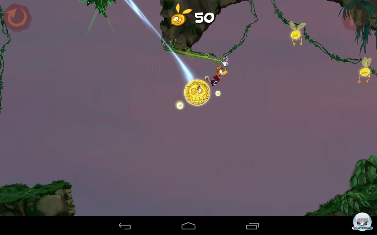 Rayman rennt von allein durch die liebevoll designten Levels - man muss sich nur um das Aufsammeln der Lums k&uuml;mmern, Hindernissen ausweichen und Gegner verm&ouml;beln.