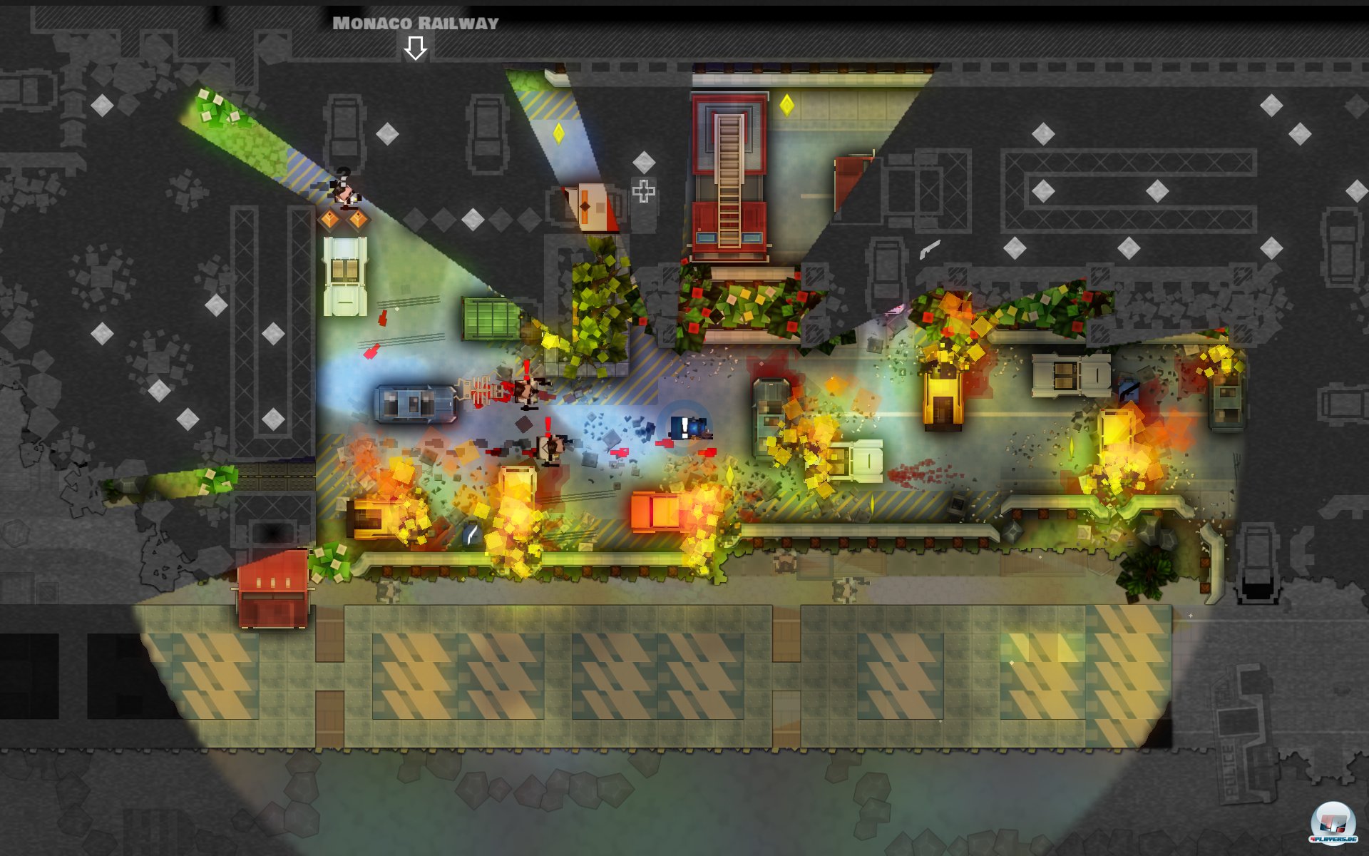 Wie farbenfrohe Lichtkegel durchdringt das Sichtfeld die grauwei&szlig;e Umgebung.