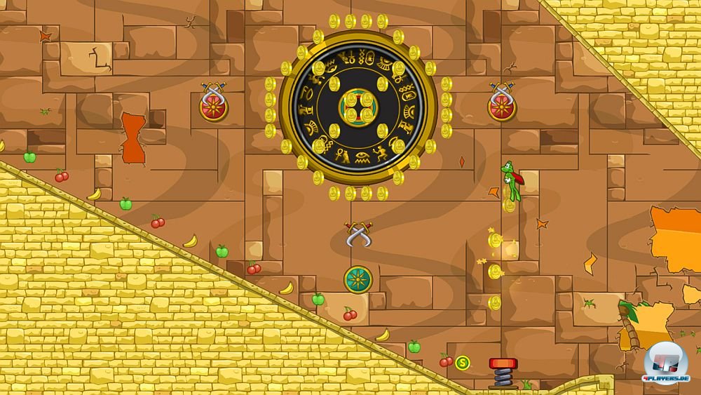 Ganz so schnell wie Sonic ist Superfrog nicht - mit einem Extra d&uuml;st er Abh&auml;nge trotzdem erfreulich flott hinunter.