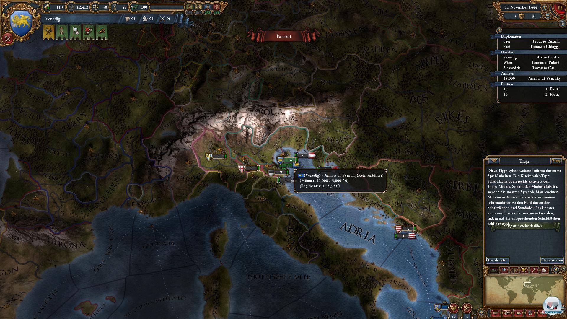 Wie kann ich Venedig am besten entwickeln? Noch vor den ersten Schritten sollte man sich genau mit dem Status quo besch&auml;ftigen: Welche Feinde hat man? Welche Allianzen sind m&ouml;glich? Will man eher wirtschaftlich, diplomatisch oder milit&auml;risch punkten?