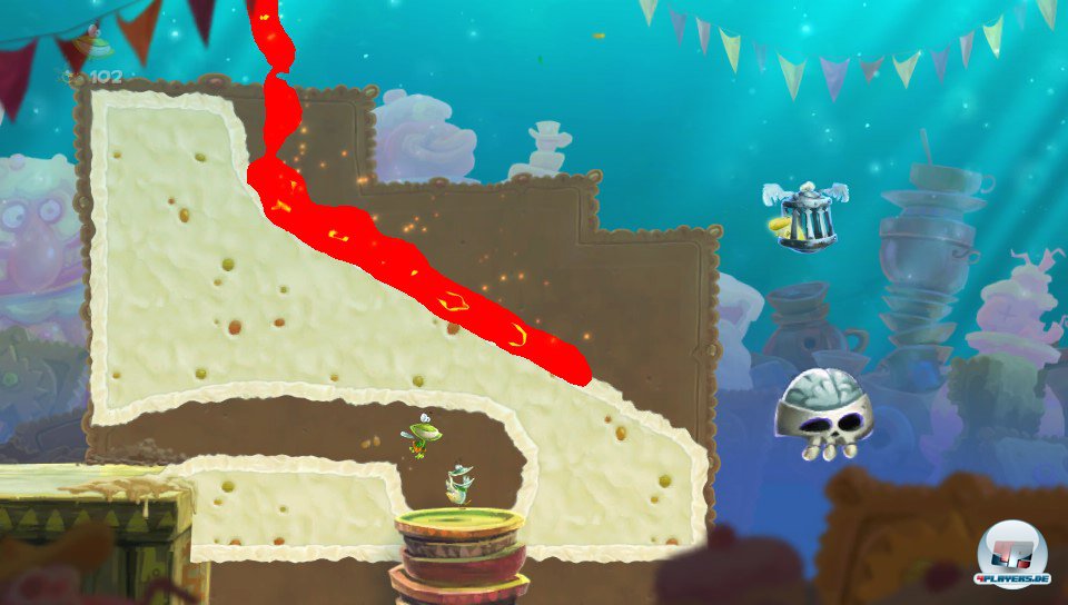 Hier fr&auml;st der zweite Spieler z.B. mit der Fingerspitze einen Tunnel in den Berg. Nur wenn die Lava richtig abgeleitet wird, gelangt Globox zum K&auml;fig. 