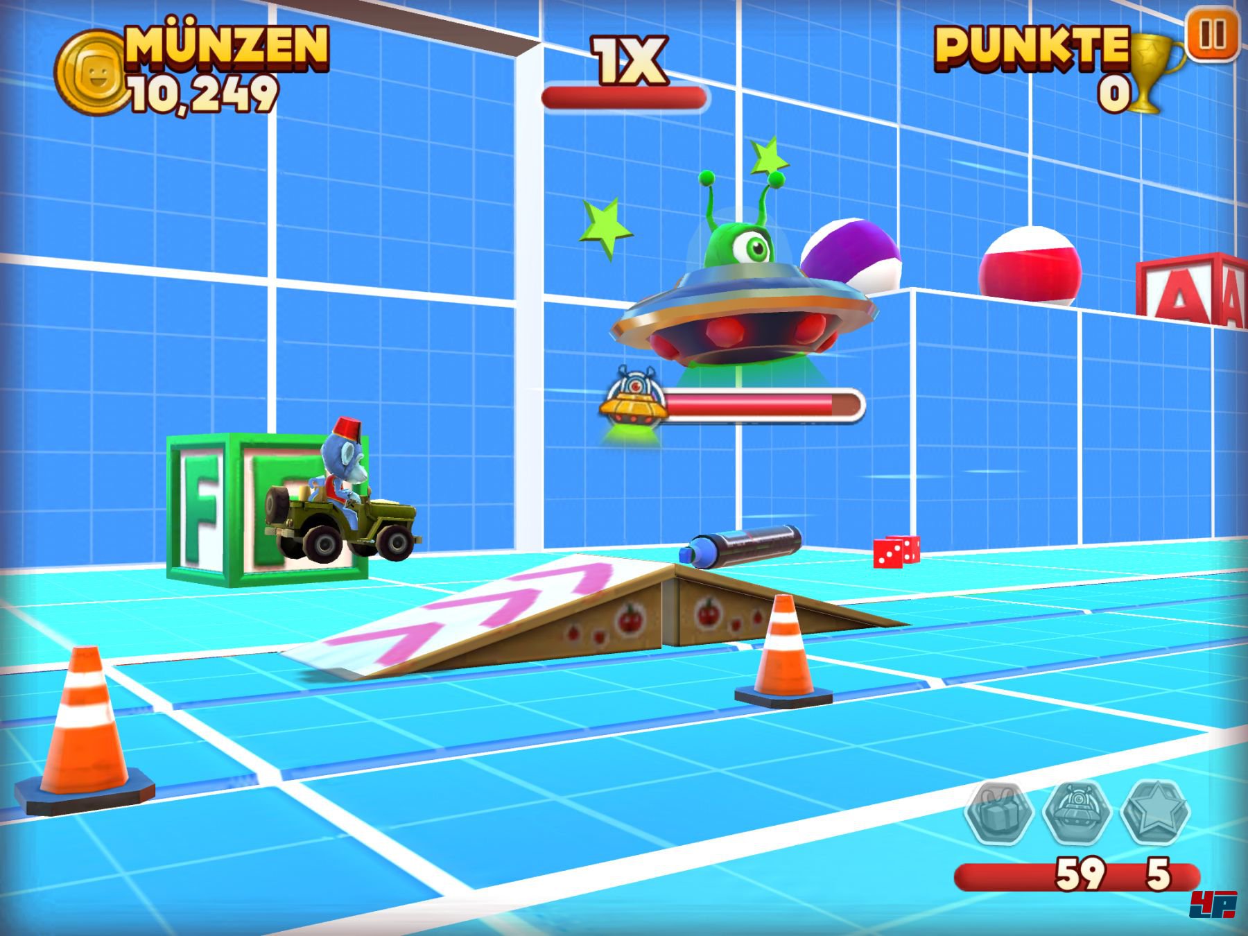 In den Bonus-Levels warten lustige Herausforderungen. Hier wird z.B. wild auf ein Ufo eingeh&auml;mmert.