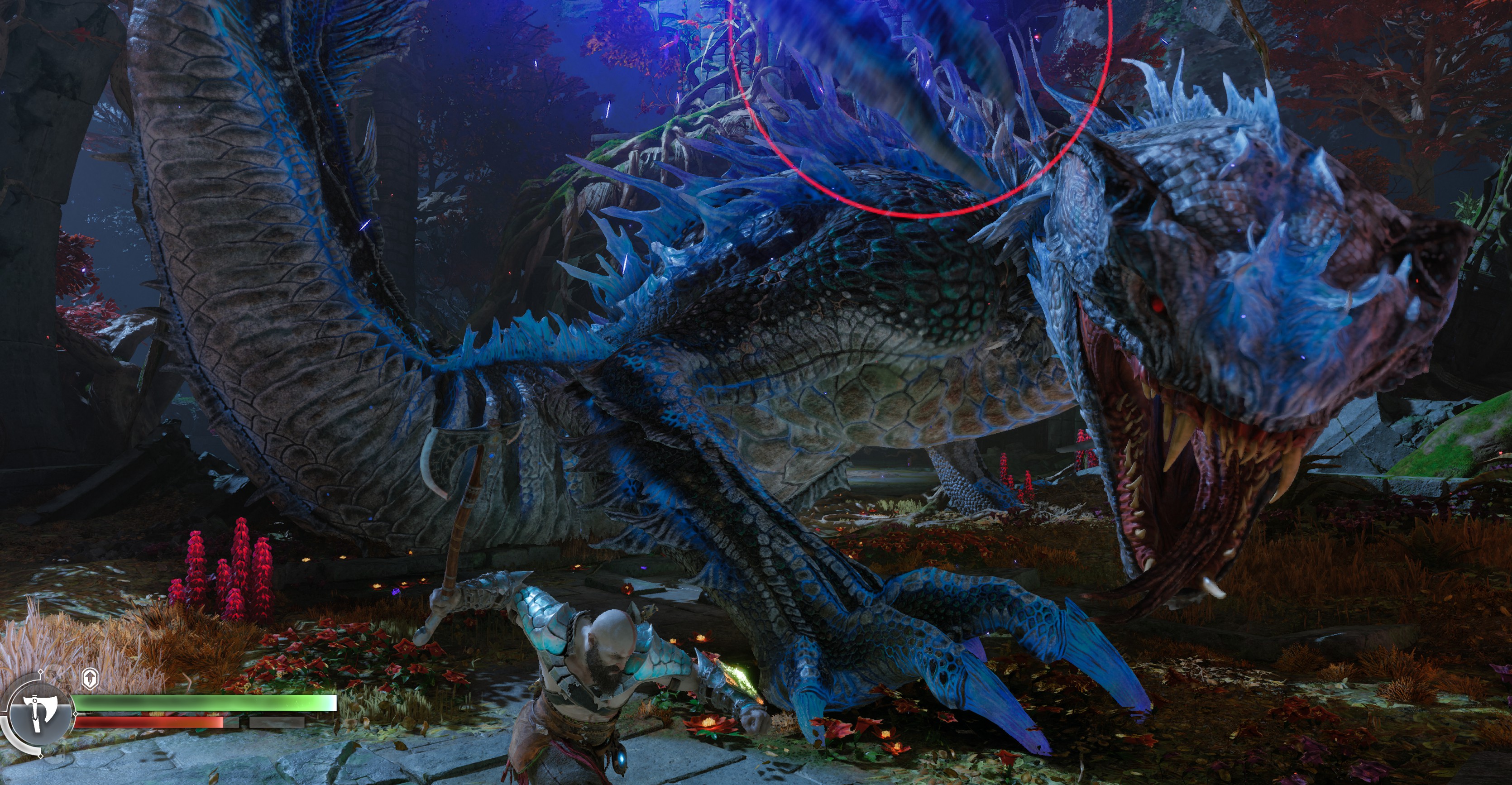 Gewaltig: Kratos rammt Axt und Klingen in das Weltenbaum-Monster Nidh&ouml;ggr.