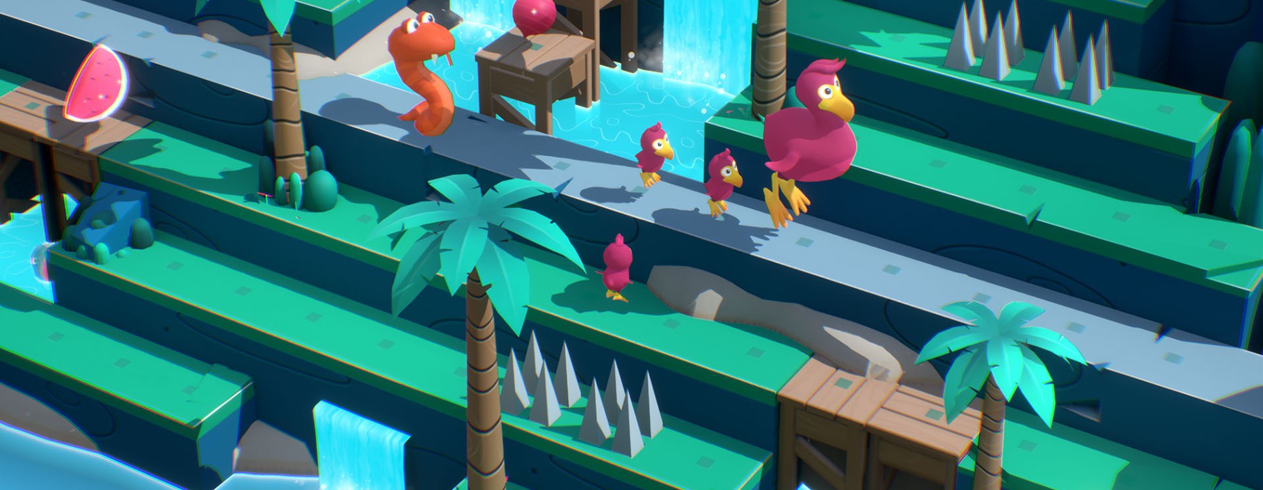 Mit eurem Nachwuchs im Schlepptau h&uuml;pft ihr als Dodo durch isometrische Bergwelten.