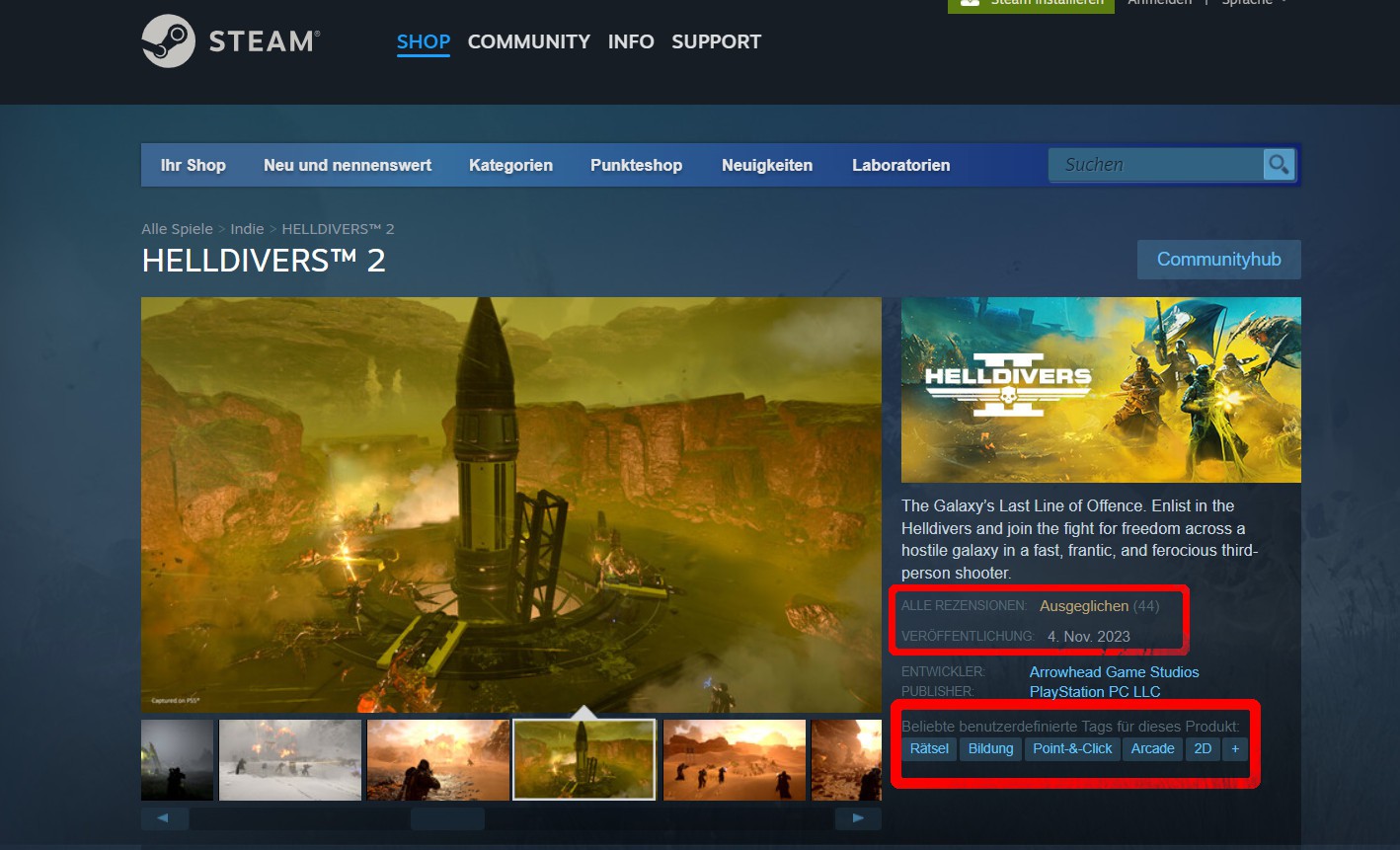 Auf dem ersten Blick sieht diese Produktseite der von Helldivers 2 &auml;hnlich. Wer genau hinschaut, entdeckt aber ein paar Unstimmigkeiten.