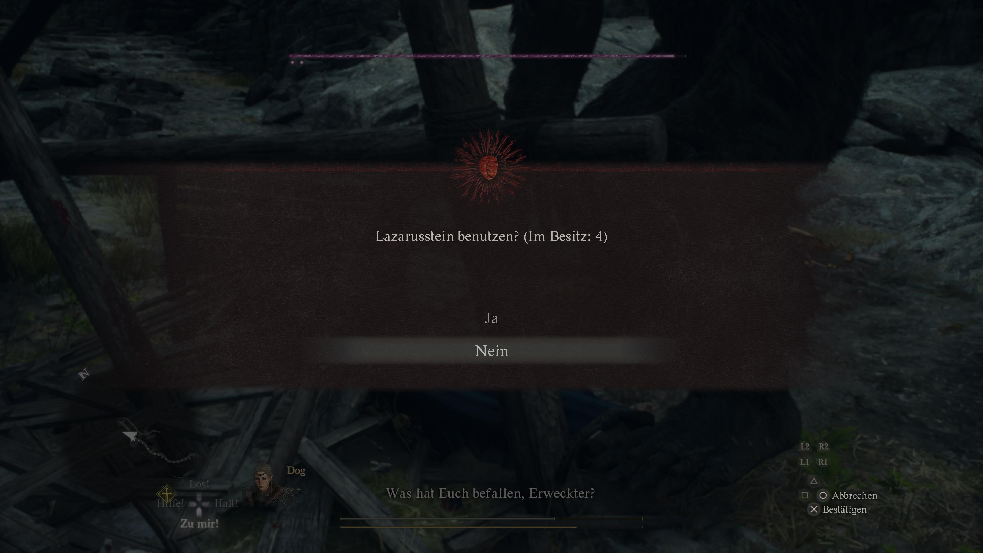 Mit einem Lazarusstein k&ouml;nnt ihr euch an Ort und Stelle wiederbeleben. Andernfalls geht es zur&uuml;ck zum letzten Speicherpunkt oder Gasthaus.