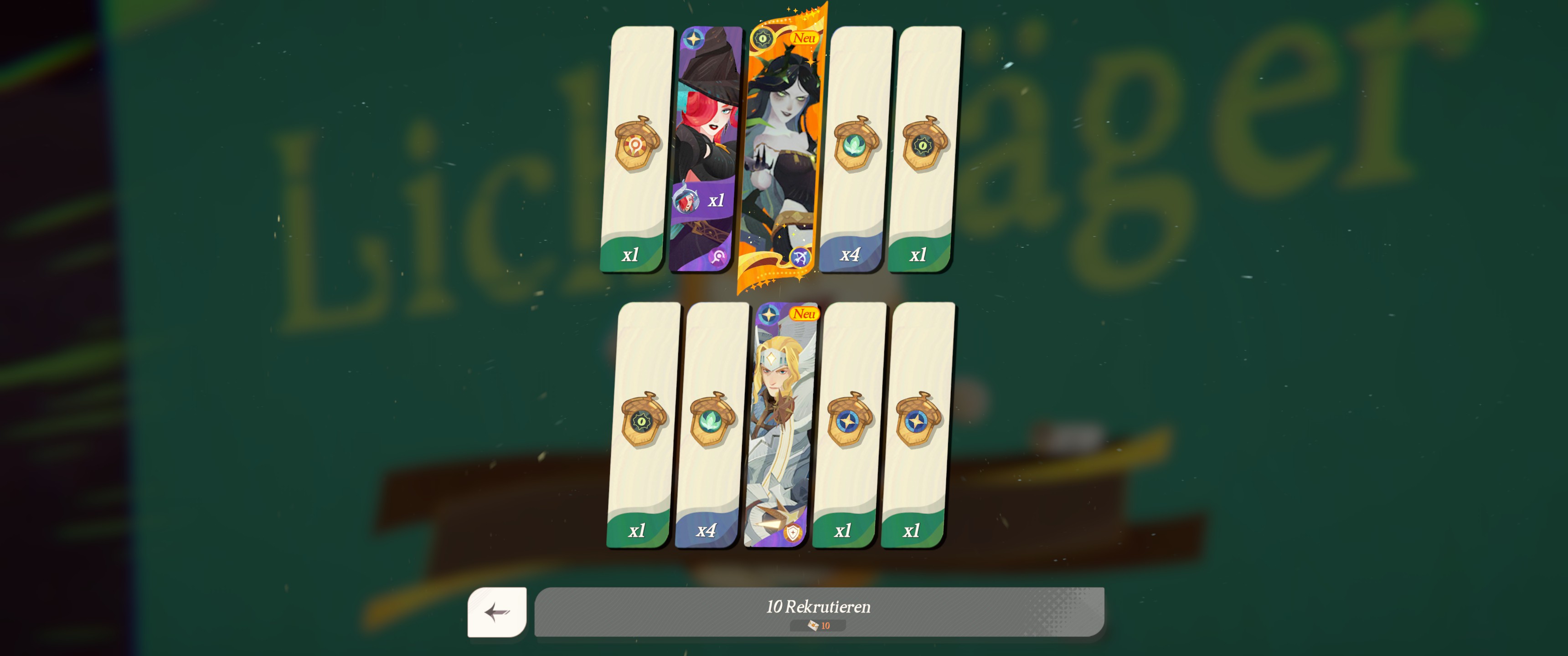 Gl&uuml;ck gehabt: Dieser gleich zehnfache Rekrutierungsversuch hat mir eine besonders seltene Heldin ins Team gesp&uuml;lt. Die Chancen daf&uuml;r sind nat&uuml;rlich eher gering, auch wenn es alle Nase lang garantierte Hits gibt.