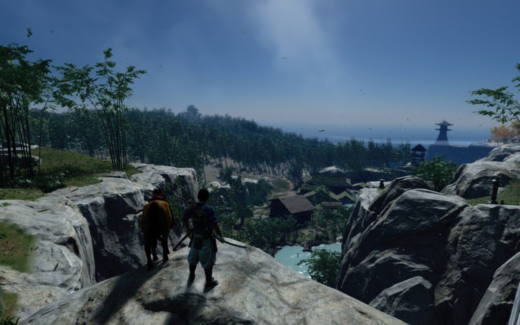 Screenshot von Ghost of Tsushima auf dem Steam Deck. Protagonist Jin steht mit seinem Pferd auf einer Anh&ouml;he und blickt &uuml;ber die Spielwelt.