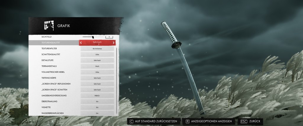 Screenshot vom Optionsmen&uuml; von Ghost of Tsushima.