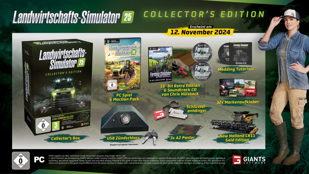 Die Collector's Edition des Landwirtschafts-Simulator 25 kann sich sehen lassen. Mit dabei ist unter anderem ein USB-Z&uuml;ndschloss und der Soundtrack von Chris H&uuml;lsbeck.
