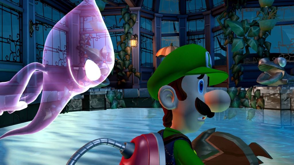 Luigi's Mansion 2 HD Screenshot: Hinter dem &auml;ngstlichen Luigi schleicht sich ein Geist an.