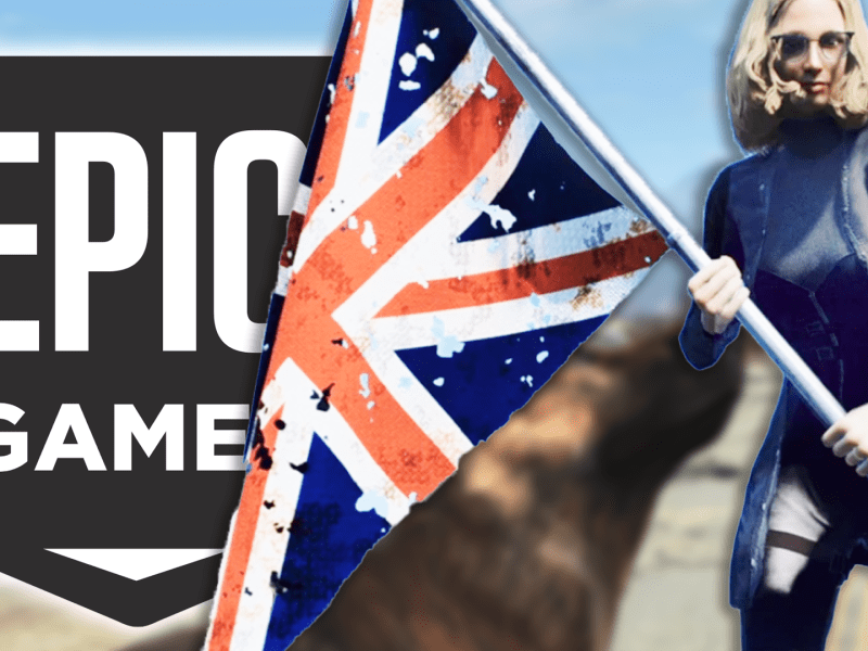 Eine Vault-Bewohnerin mit Union-Jack-Flagge in den Händen. Daneben: Das Logo von Epic Games.