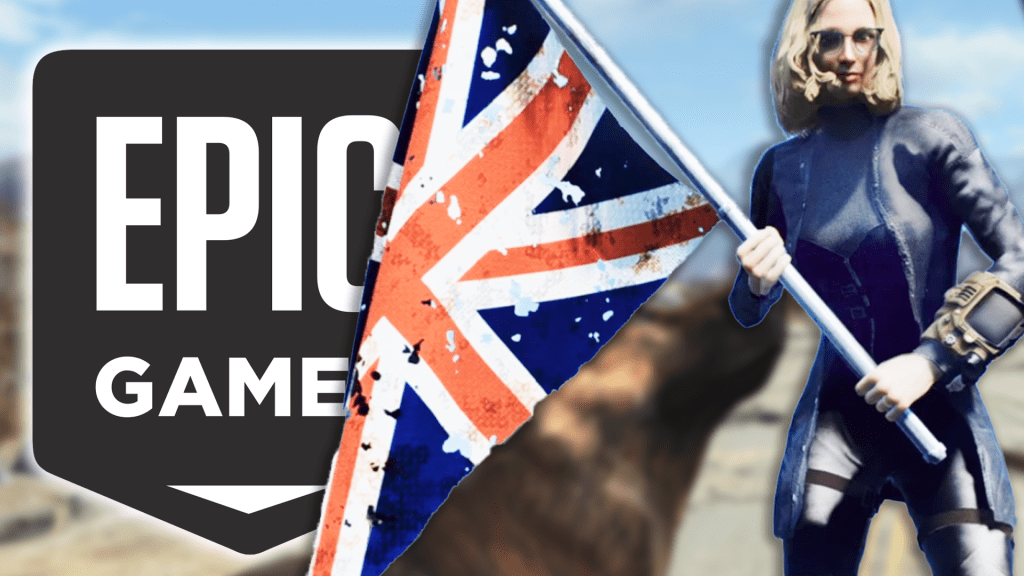 Eine Vault-Bewohnerin mit Union-Jack-Flagge in den H&auml;nden. Daneben: Das Logo von Epic Games.