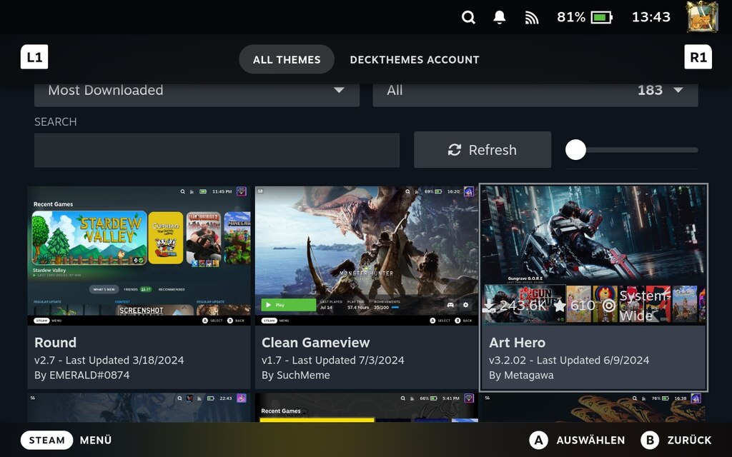 Screenshot vom Steam Deck. Zu sehen ist die &Uuml;bersicht des Plugins CSS Loader.