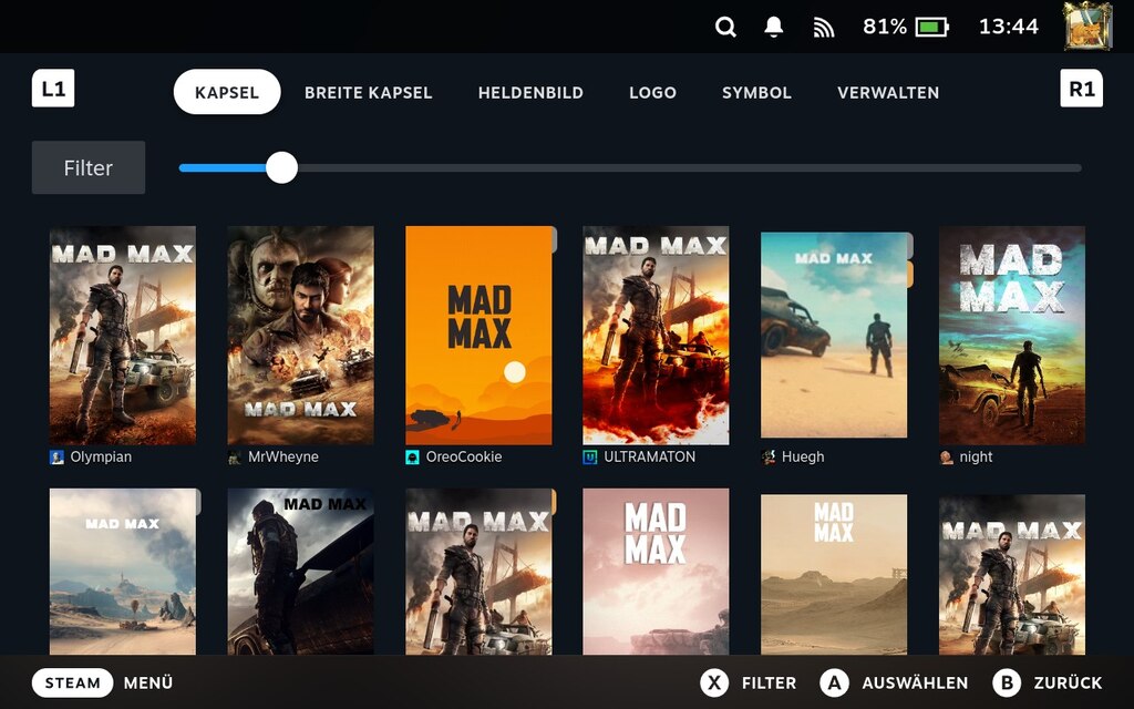 Screenshot vom Decky Loader Plugin SteamGridDB. Zu sehen sind verschiedene Artworks f&uuml;r das Spiel Mad Max.