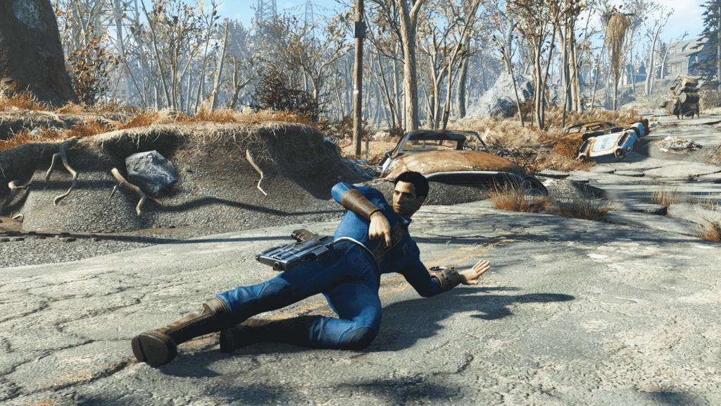 Im Bild: Ein spielbarer Charakter aus dem Rollenspiel Fallout 4, der dank einer Fan-Mod &uuml;ber den Asphalt gleitet.